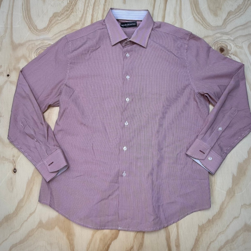 Report Collection Mens Large Short Burgundy MicroCheck Stretch Button Down Shirt